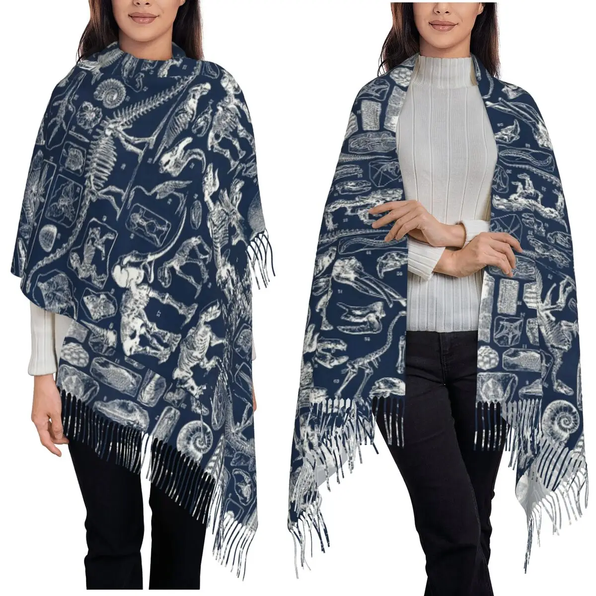 

Шарф с ископаемыми динозаврами на Хэллоуин, шарфы с кисточками, женские мягкие теплые шали и накидки, длинная осенне-зимняя шаль