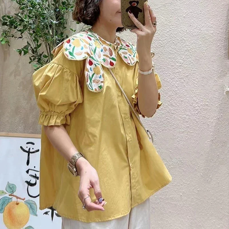 

2025 New Summer Vintage Pink Shirts Women Japanese Harajuku Print Patchwork Blouses Puff Short Sleeve Casual Tops Woman