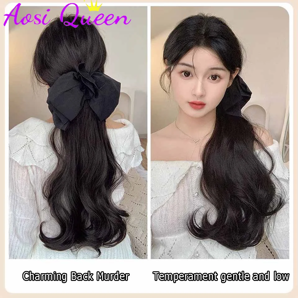 AOSI Synthetic Bow Wig Ponytail Female Clamping Style Big Wave Low Ponytail Long Hair Artificial Hair Braided Curly Ponytail