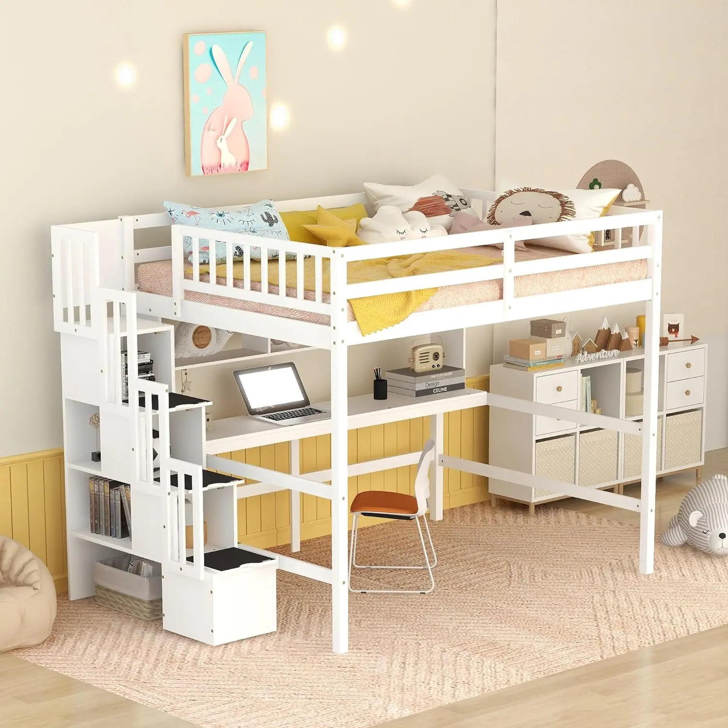 Harper & Bright Designs-cama Loft completa con escritorio y estantes, tamaño completo con escaleras de almacenamiento y riel protector, ahorro de espacio