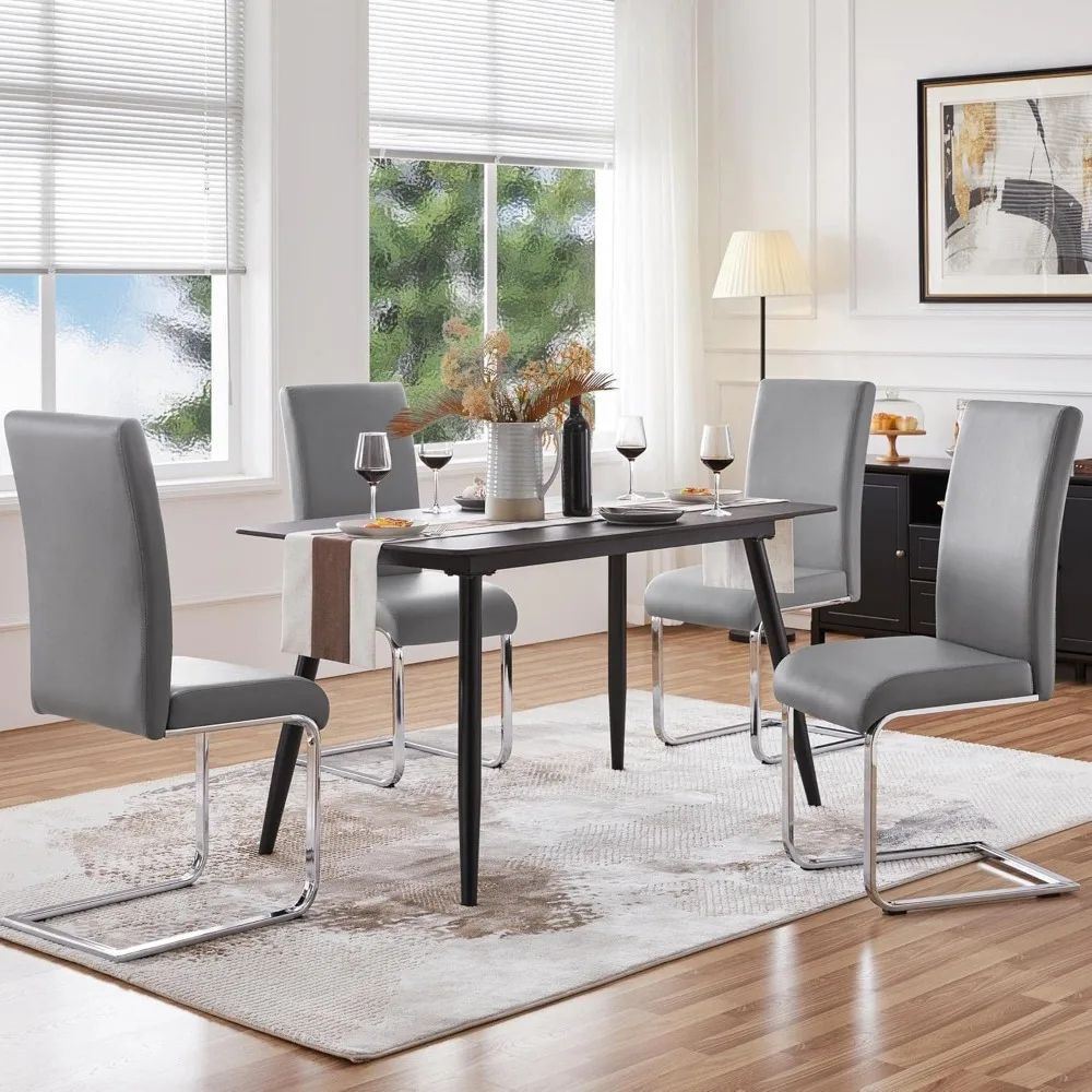 Upholstered Leather Dining Chairs with Metal Legs and High Back for Kitchen and Living Room