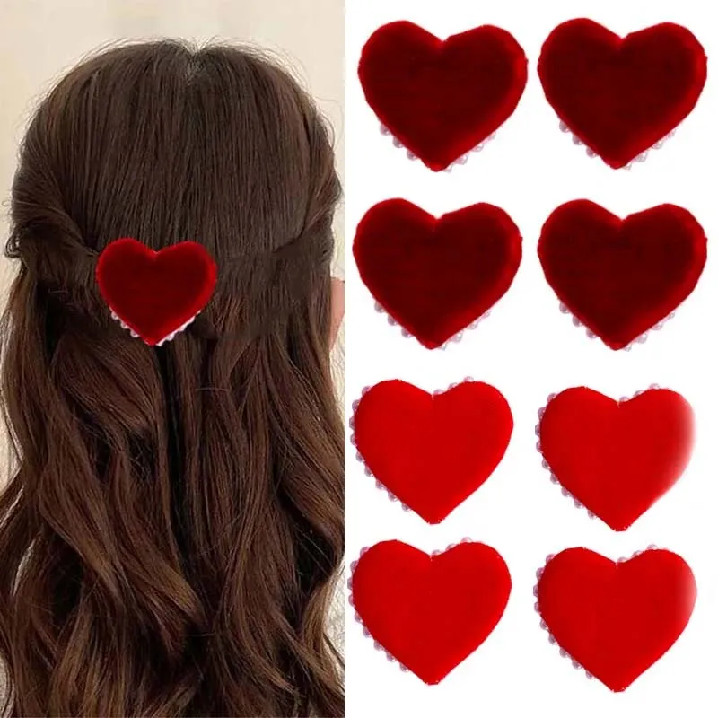 Oaoleer 4Pcs Cute Velvet Pearl Hairpin For Women Girls Red Love Heart Hair Clip Barrettes Korea Hair Accessories Korea Headwear