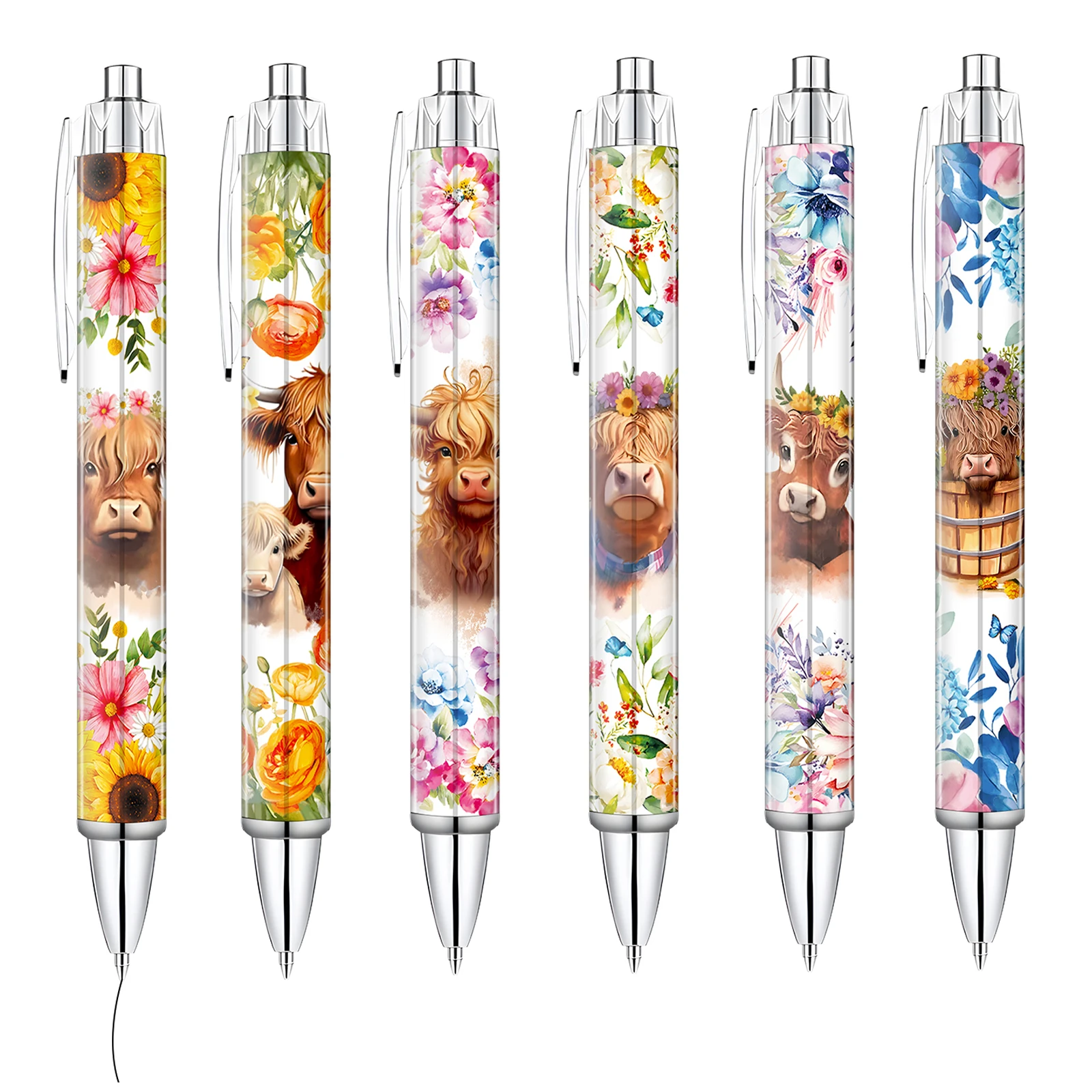 6 PCS Set Cute Scottish Highland Cow Ballpoint Pens Stationery Items with Cow Pattern Accessories