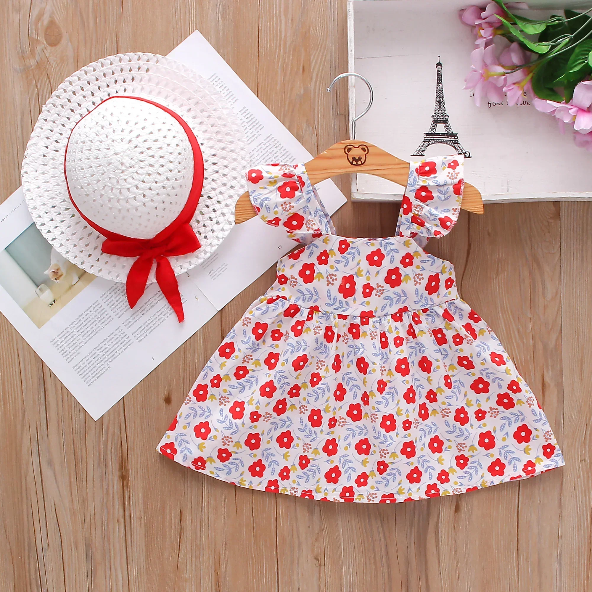 (Girls 0-3 Years Old) Two-piece Dress Summer New Dress Flower Print Bow A-Line Dress Halter Small Flying Sleeves