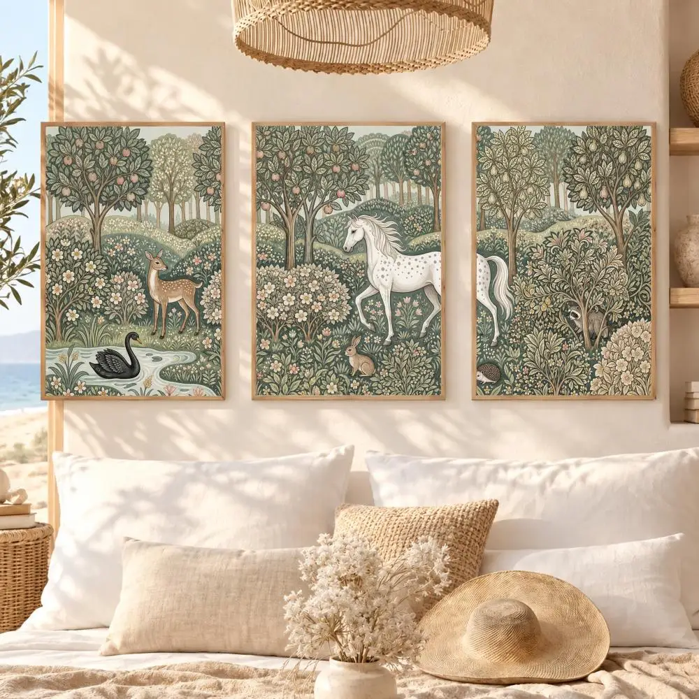 Enchanted Forest White Horse Animals Painting Calligraphy 3 PCS Canvas Wall Art for Living Room Modern Poster Decals Decor