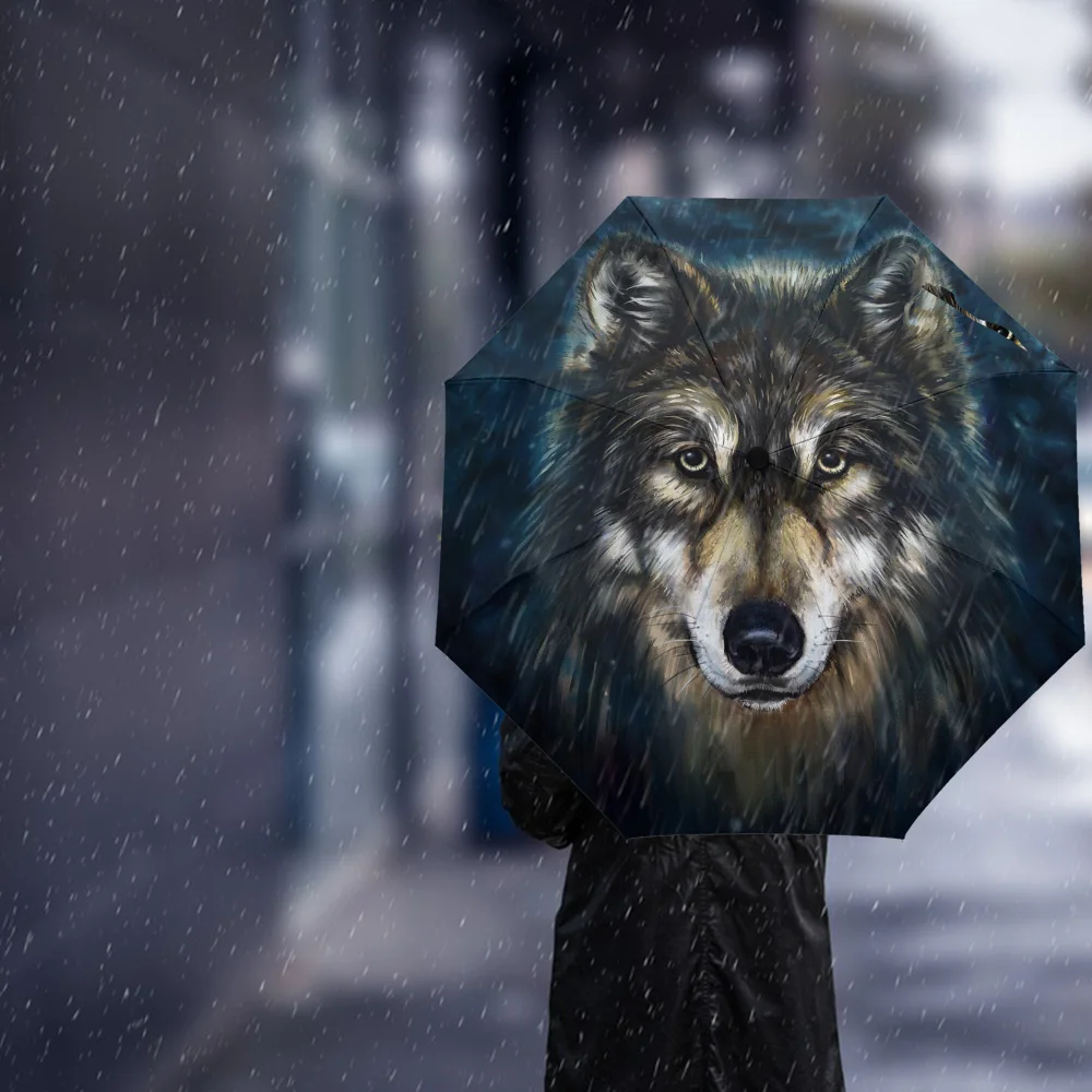 Animal Art Wolf Head Plush Print Women Men Rain Umbrella Three Folding Girl Durable Portable Automatic Umbrellas Gift Parasol