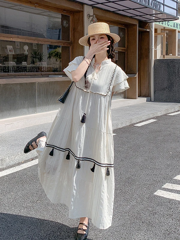 

Этническая юбка А-силуэта с подвеской-кисточкой, длинная, женская, летняя 2025, модная, свободная, стройнящая, молодящая, в корейском стиле, с коротким рукавом