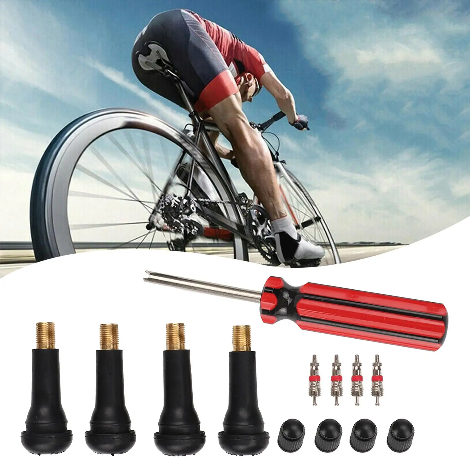 

4 Pieces Generic TR414 Snap in Tire Valve Stem Kit Valve Core Installer with Valve Cores Tire Repair Tool for Truck Bike