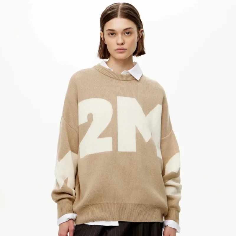 Marineblauwe Oversized Letter Trui Vrouwen Crewneck Casual Gebreide Losse Truien Met Letter Groene Trui Voor Dames Winter 2024