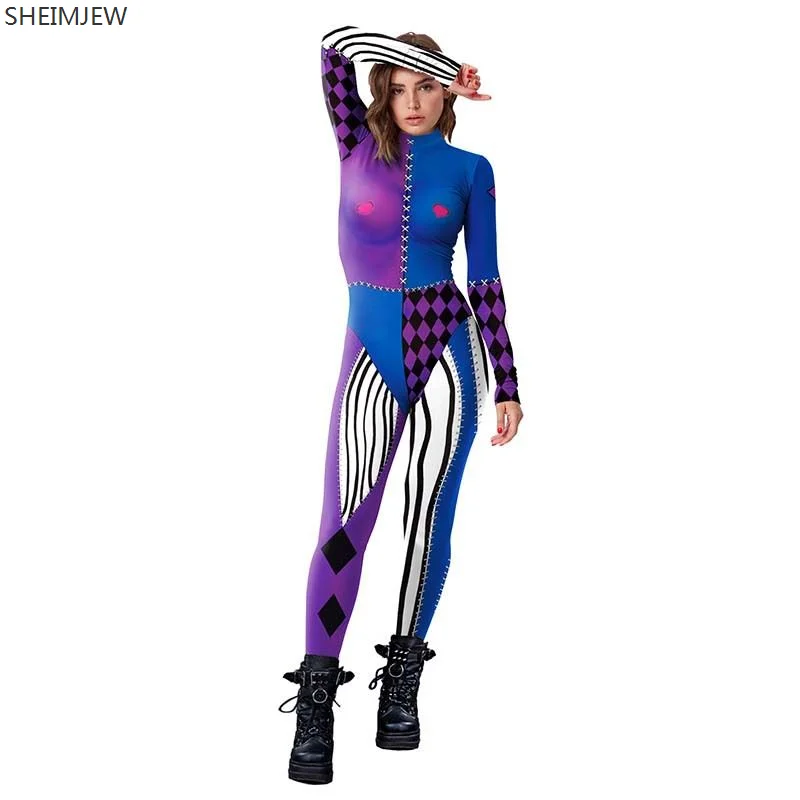 

3D Print Halloween Clown Show Women Sexy Skinny Jumpsuit Carnival Cosplay Costumes Bodysuit Party Rompers monos mujer