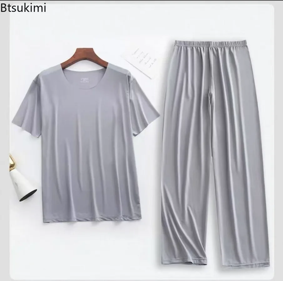 

Large Size 5XL Summer Men's Ice Silk Pajama Sets Solid Short Sleeve Shorts 2-piece Sets Thin Breathable Home Clothes Pijamas Set