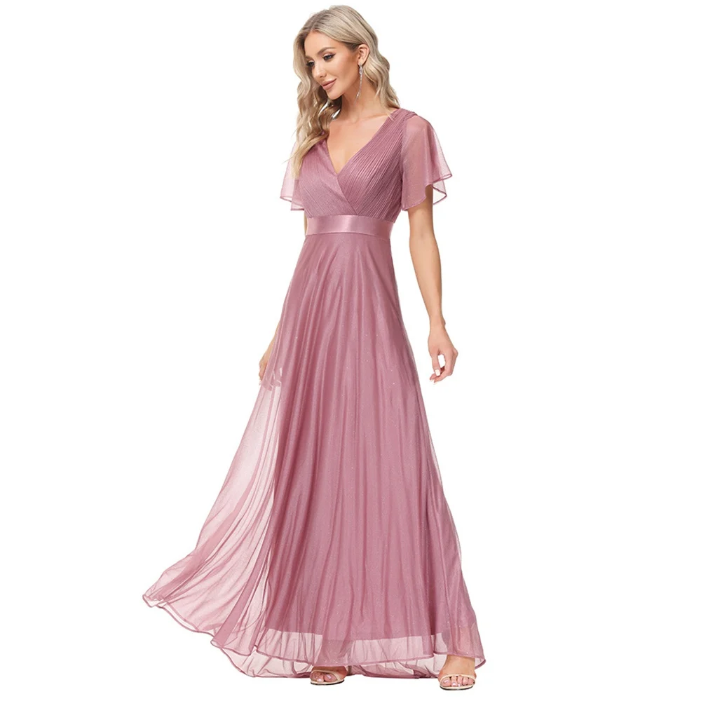 Prom Dress V-hals Chiffon Avondjurk A-lijn Plooi Cap Mouw Prom Dresses