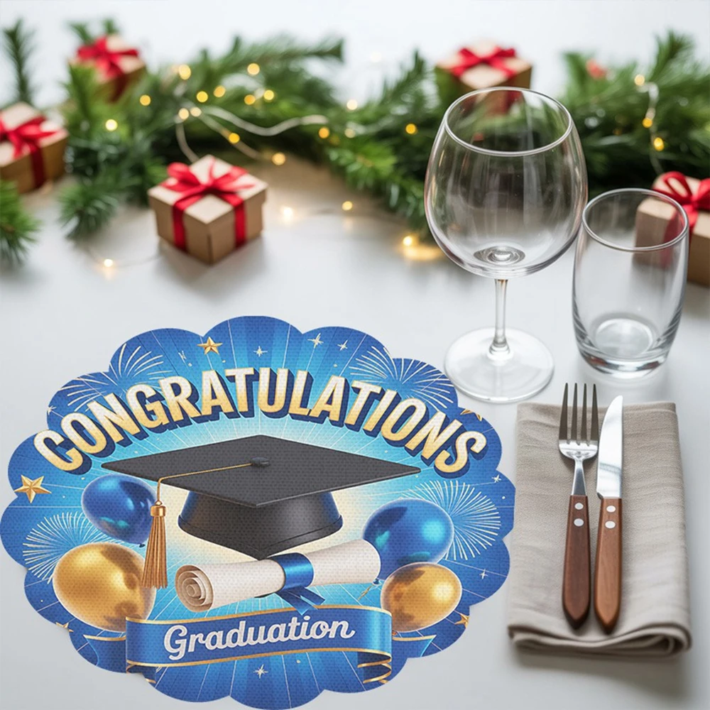 Juego de 4 Manteles Individuales de Graduación en Azul y Dorado con Diseño de Birrete, Diploma y Globos, de Poliéster, para Decoración de Mesa en Fiestas de Graduación