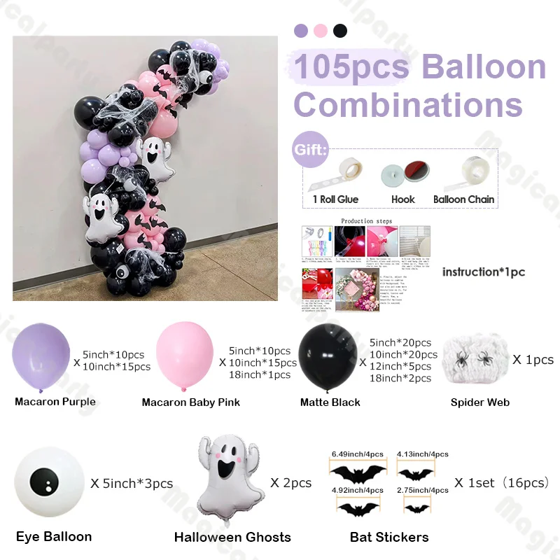 105pcs Halloween Day of the Dead Ghosts and Goblins Funny Theme Party Supplies Pink Purple and Black Latex Balloon Arch Set