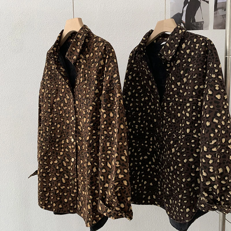

Retro Leopard Print Women's Denim Coat Autumn Fashion Lapel Long Sleeve Loose Fleece-lined Tops Warm Thick Female Jacket