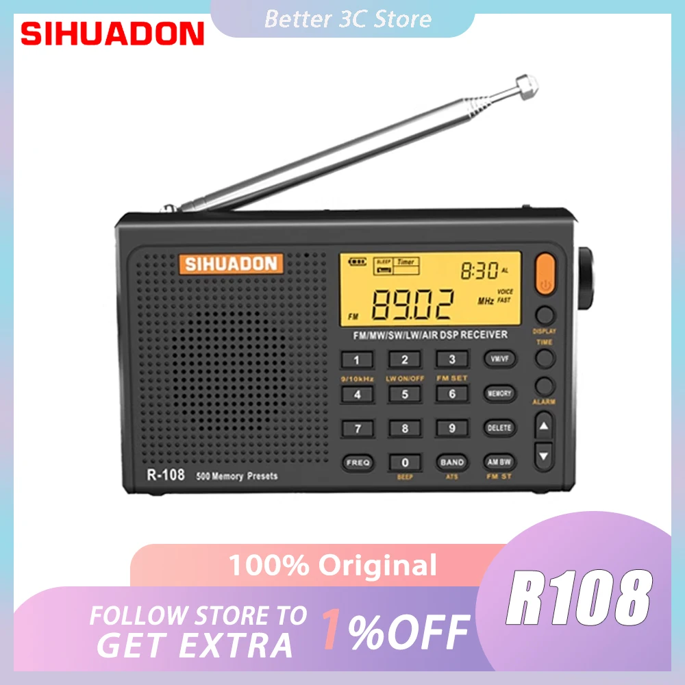 

SIHUADON R108 All-wave Radio Multifunctional Knob LCD Bancklight Display Portable Radio Lithium Battery For Camping Home