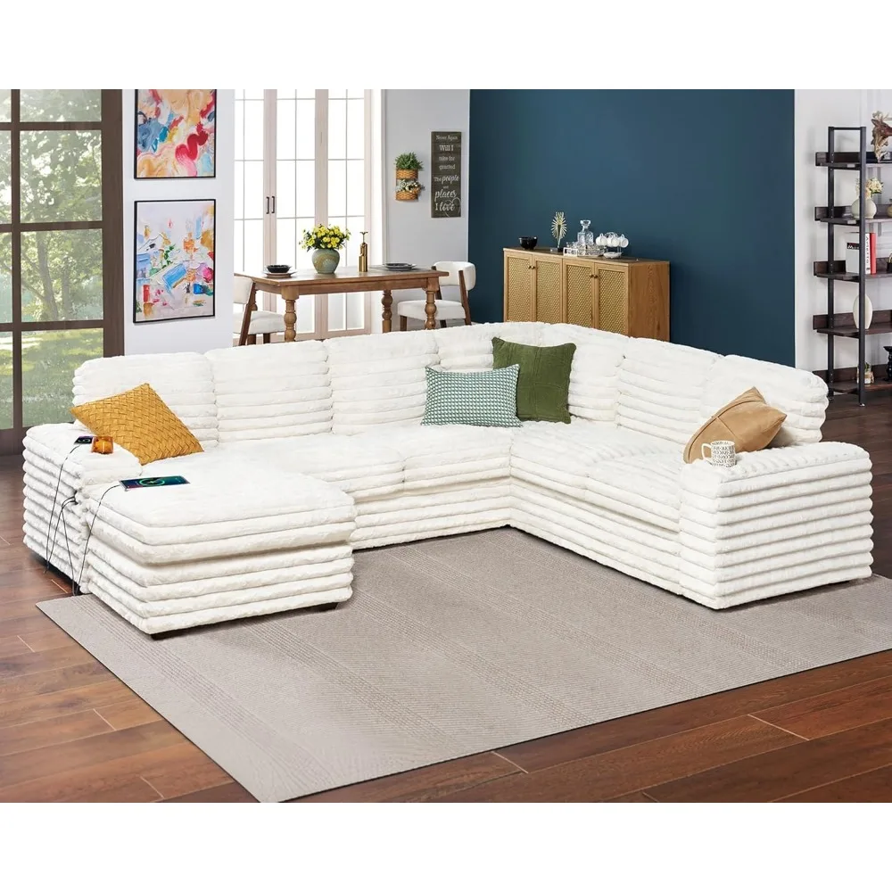 

112 Inch Oversized Couch with Storage Chaise, Sectional Sofa with Cup Holders & 2 USB Ports, Corduroy Beige Sofa Couch