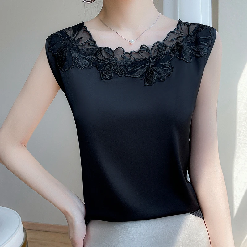 Women\'s Silk Camisole, Sleeveless Vest Top, Casual Wear, Satin Bottoming Shirt, New Lace, O-Neck, Large Size, Spring and Summer