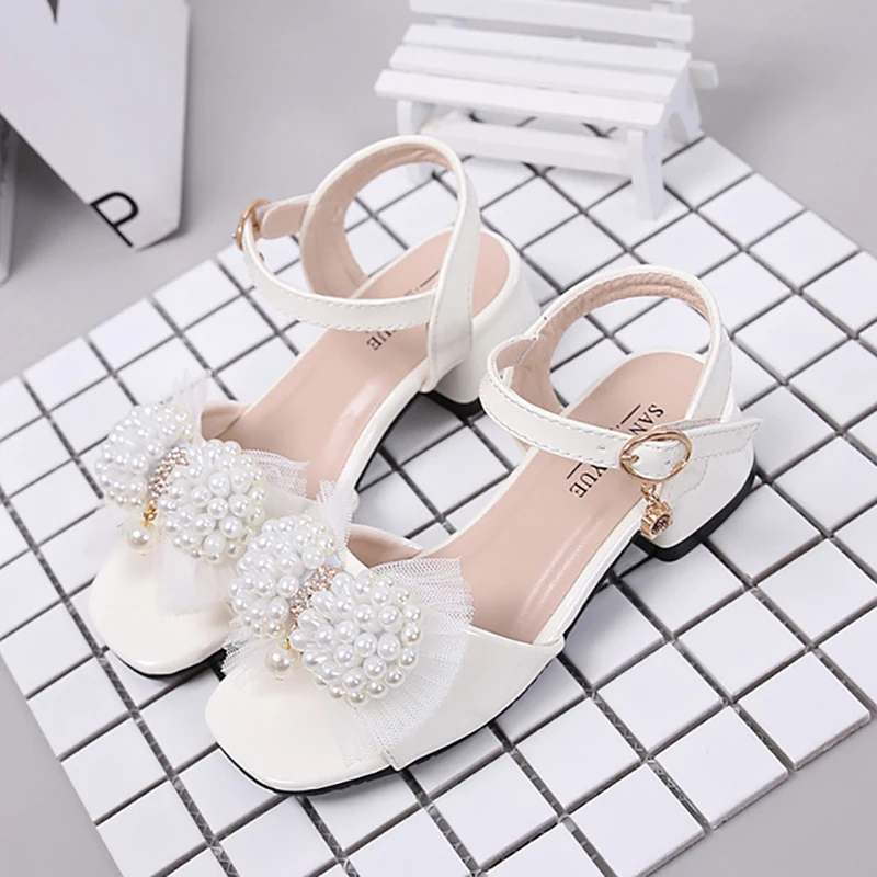 2024 Teens Children\'s Shoes Girls\'Sandals Summer Bright Leather White Pearl Thick Heel Crystal Princess Shoes New 6 8 12 Years