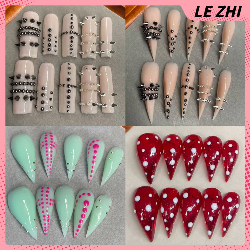 

10Pcs Spice Girl Handmade Long Beast Claw Press On Nails Metal Rivets Cat Eyes Sequins Gradients Dragon Shape Claw Fake Nails