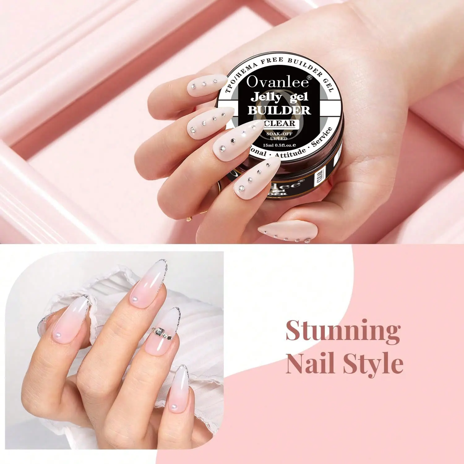 Ovanlee Jelly Builder Gel Clear – 15ml Soak-Off UV/LED Sculpting Gel for Nail Extension & Strengthening, 5-Second Shapeable Formula, Multi-Purpose Rhinestone Glue Gel (Mold-Free)
