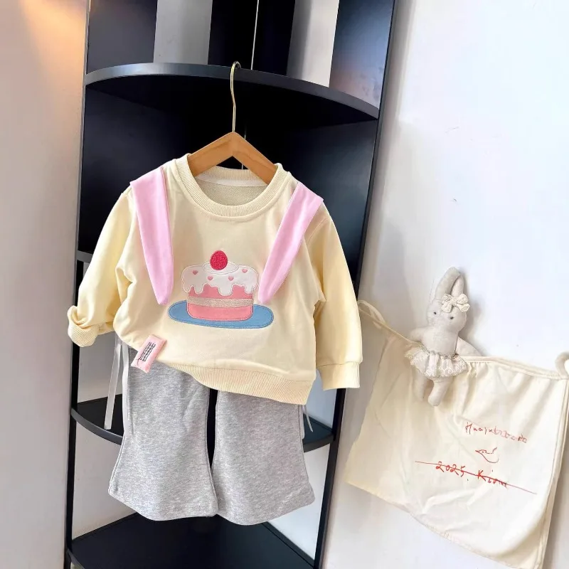 

Girls Set 2025 Autumn Cute Cake Embroidered Adorable Top Baby Clothes Long Sleeve Shirt Gray Bow Skirt Pant Two Piece Sets