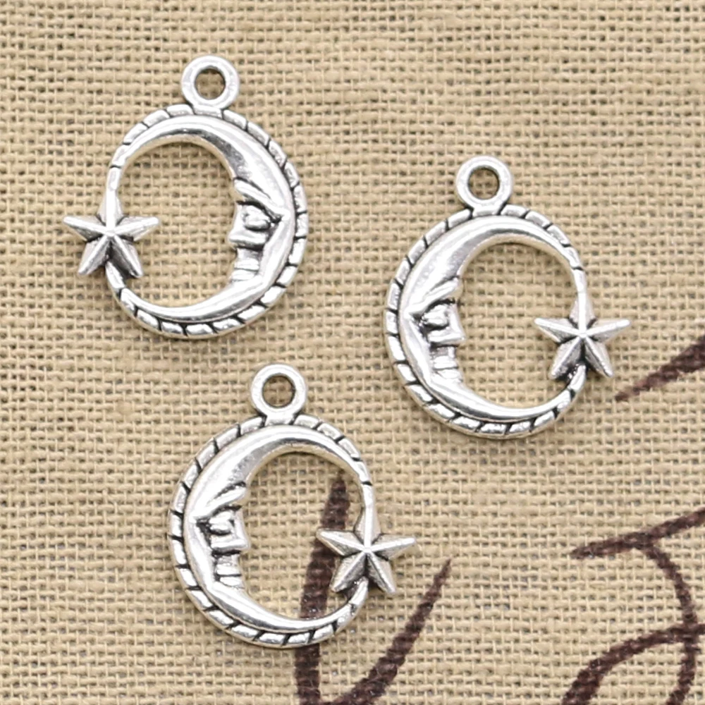 30pcs Charms Moon Star 19x16mm Antique Silver Color Pendants Tibetan Findings DIY Handmade Making Craft