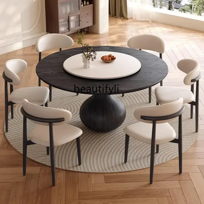 Solid wood dining table and chair combination retro circular dining table with turntable small apartment dining table C56
