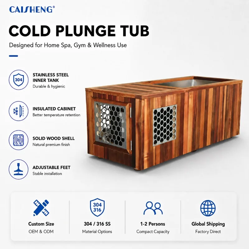 Rectangular Ice Bathtub Wooden, Stainless Steel Liner, Hotel Clubhouse Ice Bath Cold Therapy Freestanding Cold Water Bathtub