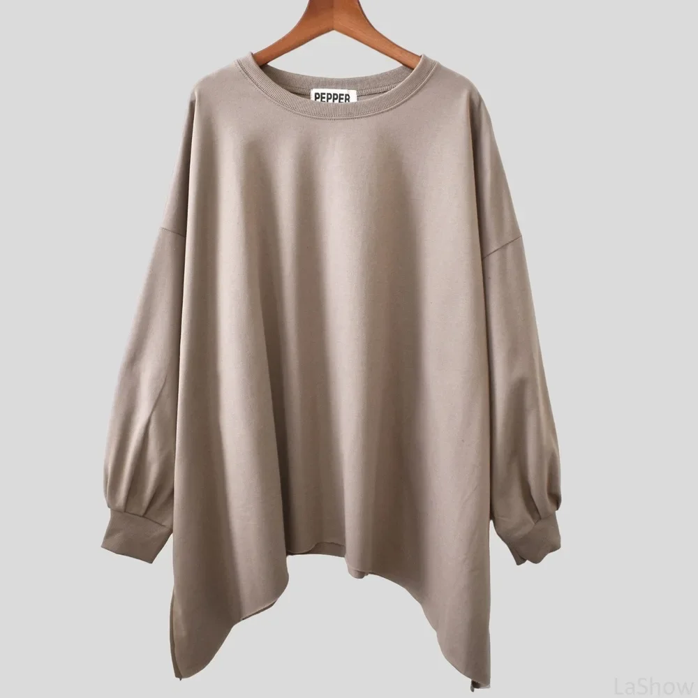 Lady Autumn Women T-Shirt Neck Sweatshirt Slim Fit T-Shirt Large Size Casual Loose Long-Sleeve Composite Irregular Loose Crew
