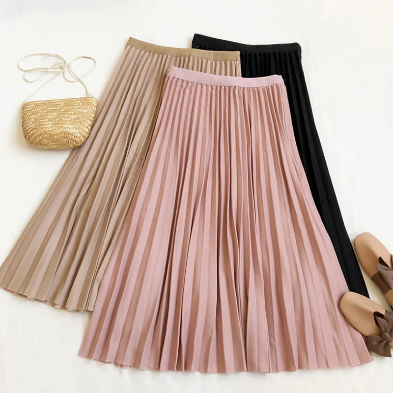 

Womens Vintage Pleated Midi Long Skirt Female Korean Casual High Waist A-line Skirts Jupe Faldas 10 Colors Spring Summer