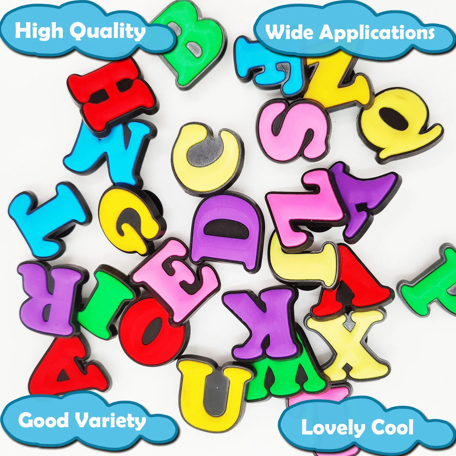 26 قطعة من سلسلة الأحذية الملونة الأبجدية للصنادل حقيبة الشاطئ، إكسسوارات زينة الأحذية ذاتية الصنع جودة ممتازة