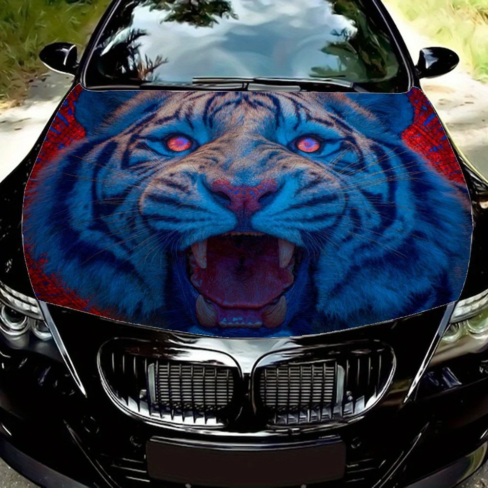 

Tiger with Blue and Red Accents Car Vinyl Wraps - Suitable For Most Engine Hood,Bubble-free Design,Waterproof,Cleanable And Conv