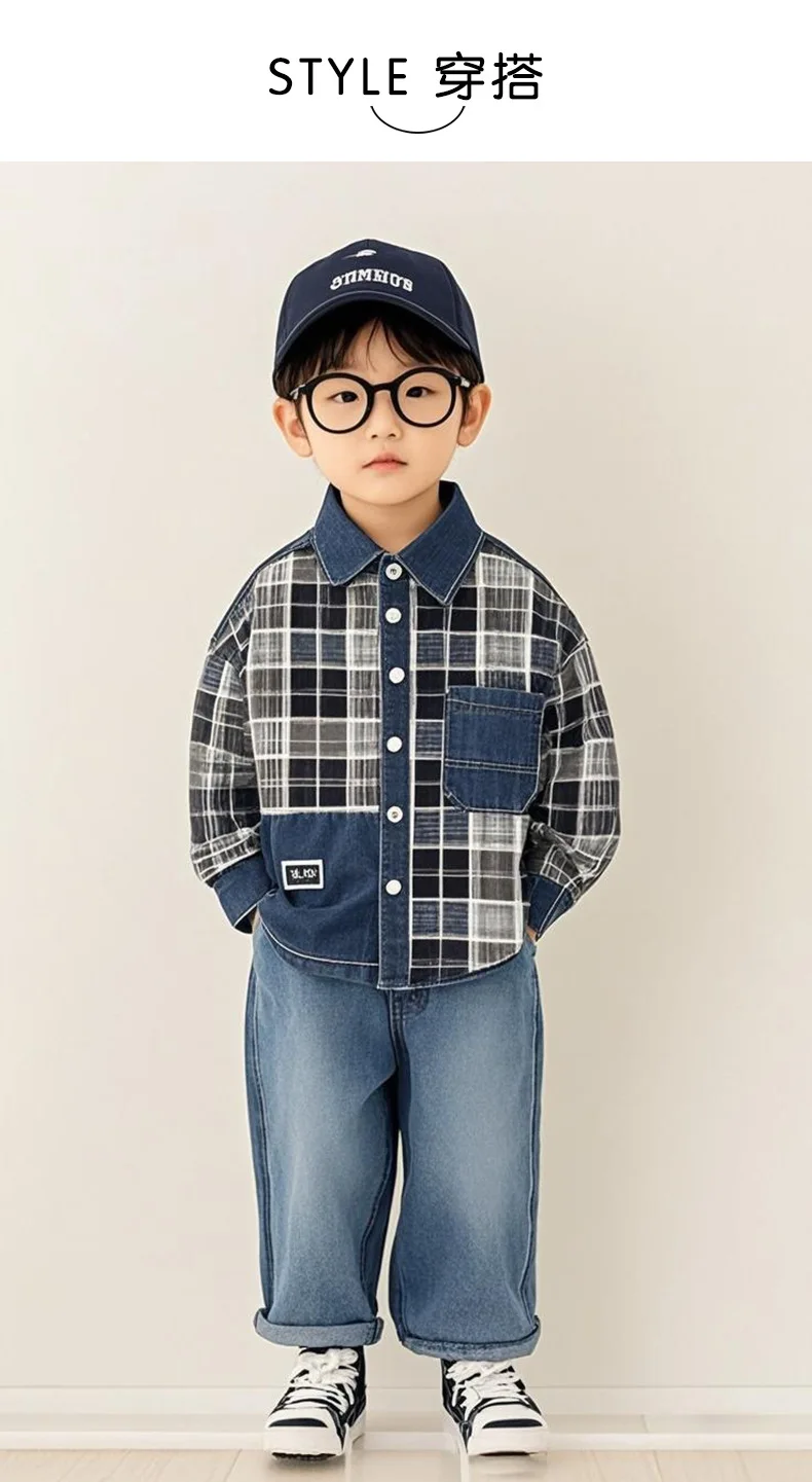 Boys' shirts spring 2025 new older children's Korean version plaid long-sleeved shirt denim children's baby casual jacket