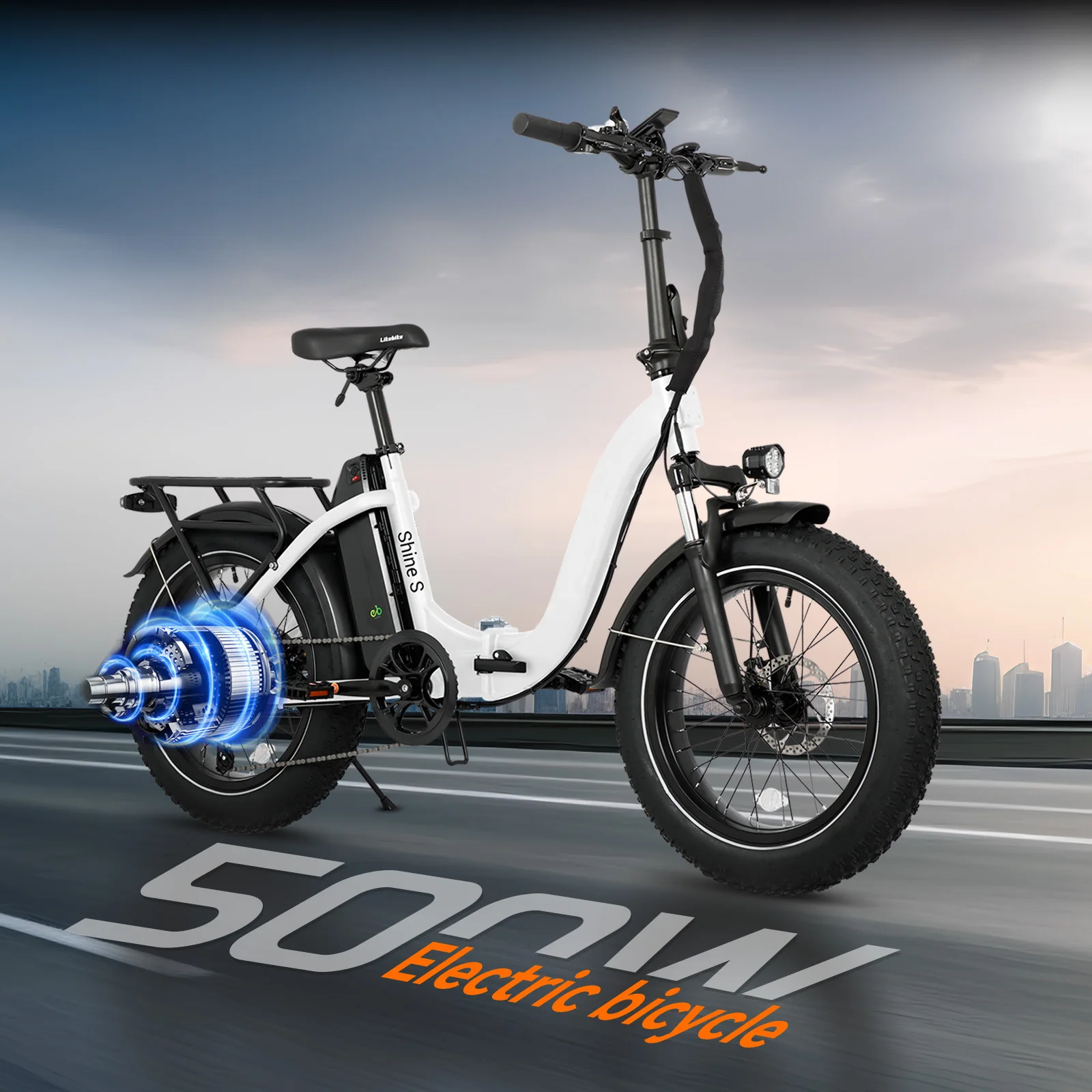 Adult folding electric bicycle, 500W motor, 20 inch thick tires, 48V detachable battery, front and rear disc brakes, city bike