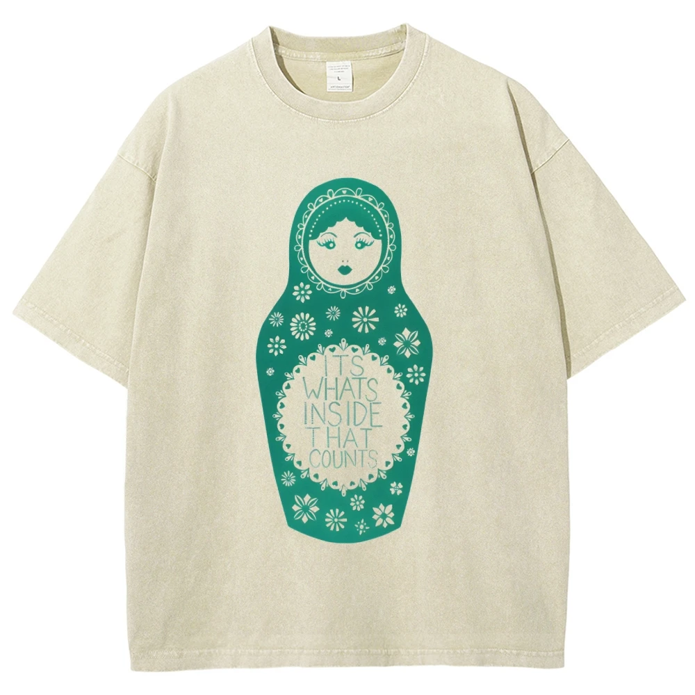 

Trendy Vintage Unisex Y2K Graphic T-shirt Matryoshka Quote Tee All Cotton High Quality Oversize Washed Tee Print Inspirational