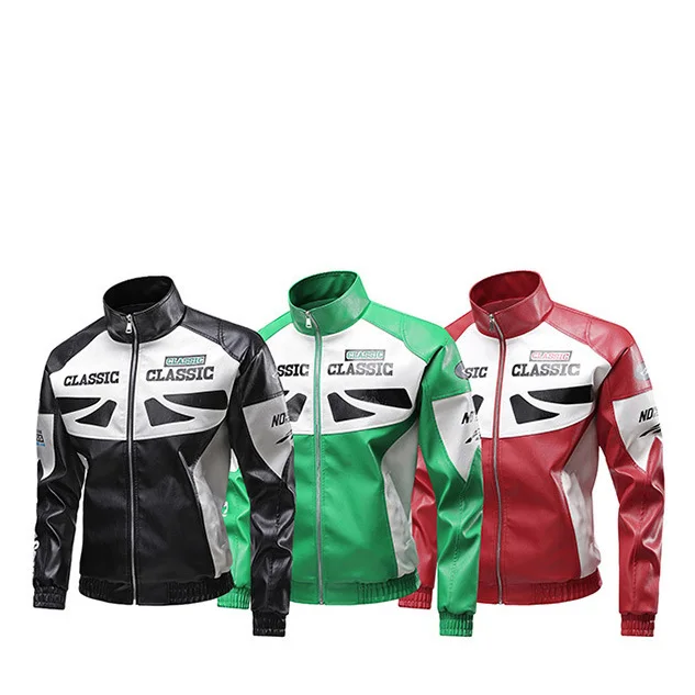 الخريف رجل معطف جلد رسالة جديدة مطبوعة التباين اللون الذكور ملابس خارجية دراجة نارية فاسق الوقوف طوق طويلة الأكمام الرجال سترة #5