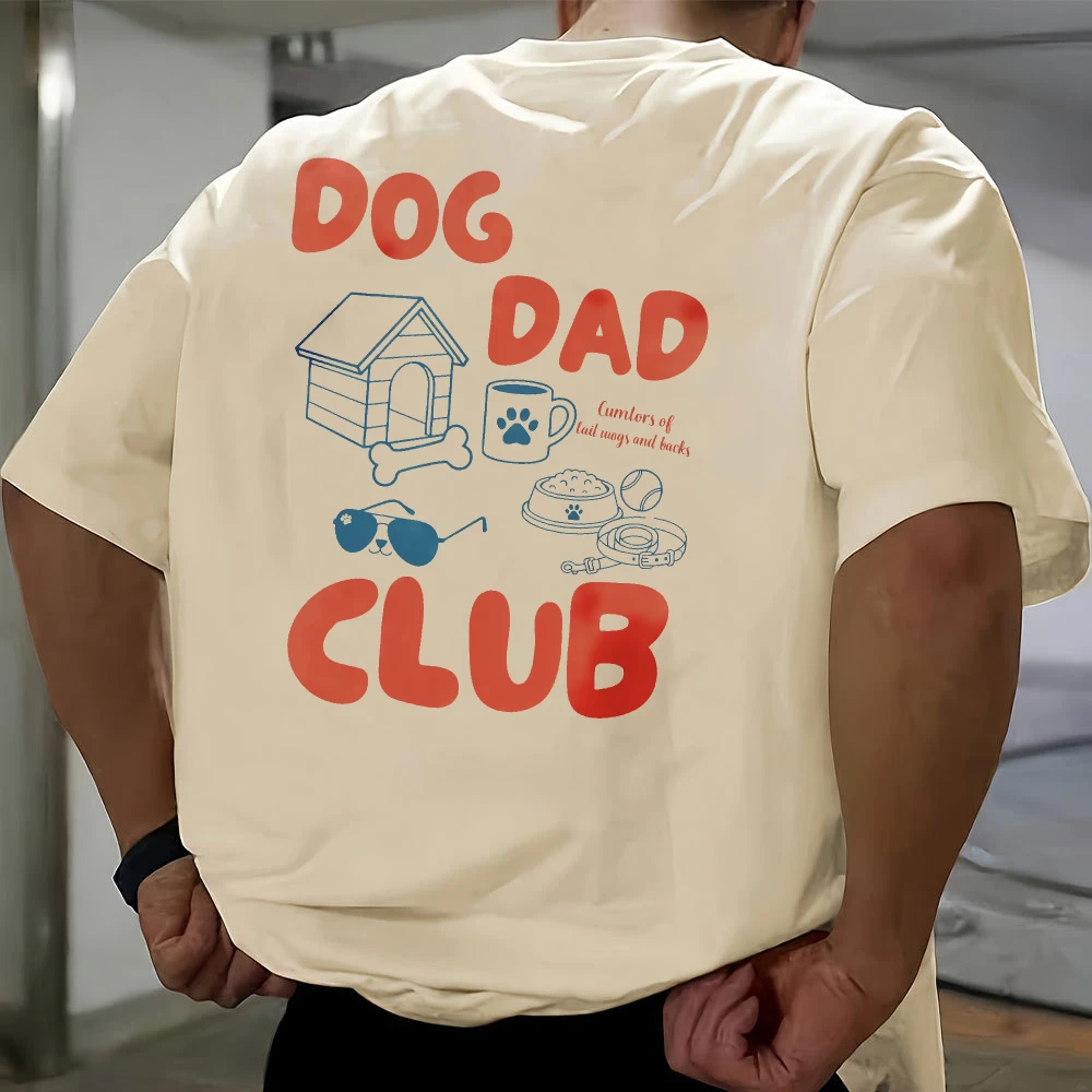 Dog Dad Club T-Shirt Crew Neck Relaxed Fit Cotton Tee with Red Text Blue Icons Doghouse Paw Print Bone Harajuku Graphic T Shirts