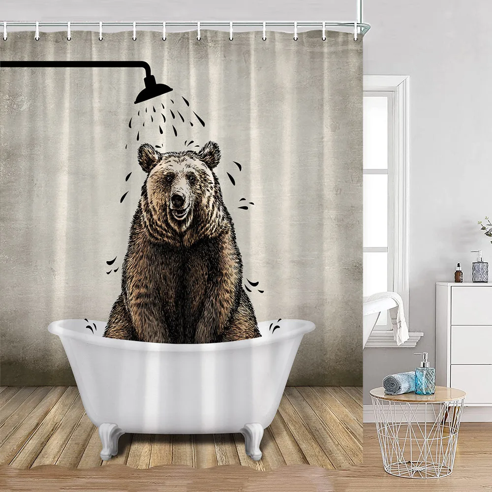 

Забавные занавески для душа с медведем, деревянная доска с рисунком медведя, ткань для ванной комнаты, декор для ванной комнаты, силуэт медведя, деревенская занавеска для ванны с крючками