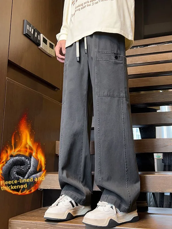 

Men's Loose Fit Thiened Fce Lined Cargo Pants Korean Sle Autumn Winter Straight Leg Casual Trousers with Big kets