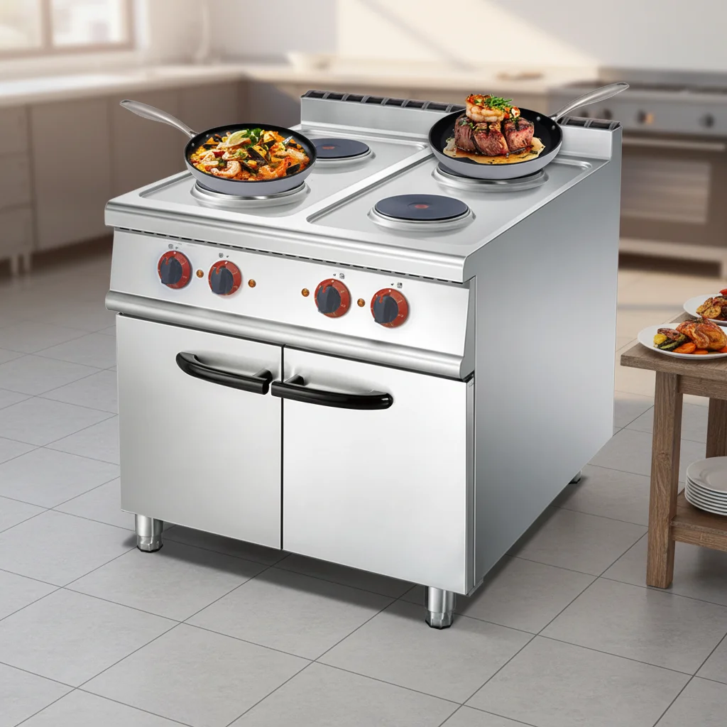 Commercial 4 Hot Plates Electric Cooking Range Stainless Steel Cooker Oven Cabinet Restaurant Catering 1000-3000W Adjustable