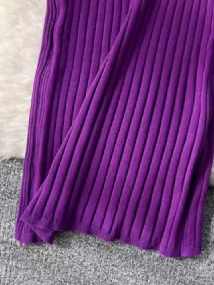Damen Maxikleid aus geripptem Strick, langärmelig, mit Rundhalsausschnitt, elastisch, figurbetont, Pulloverkleid, einfarbig, elegant, für Partys und Freizeit, Bleistiftkleid, langes Kleid – Detail 6