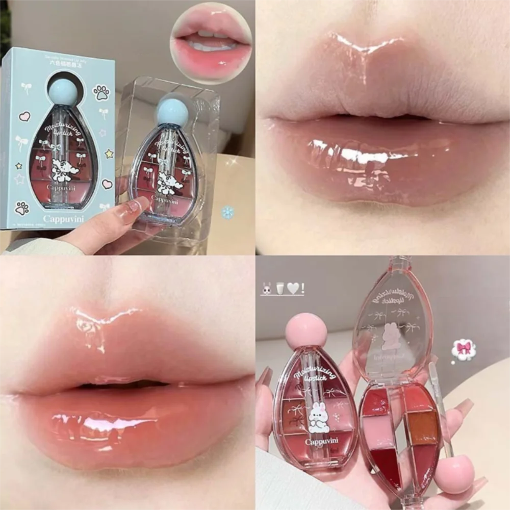 Fashion 6-Color Lip Tint Mirror Crystal Jelly Silicone Lip Brush Lip Gloss Makeup Palette Moisturizing Lip Makeup Gift