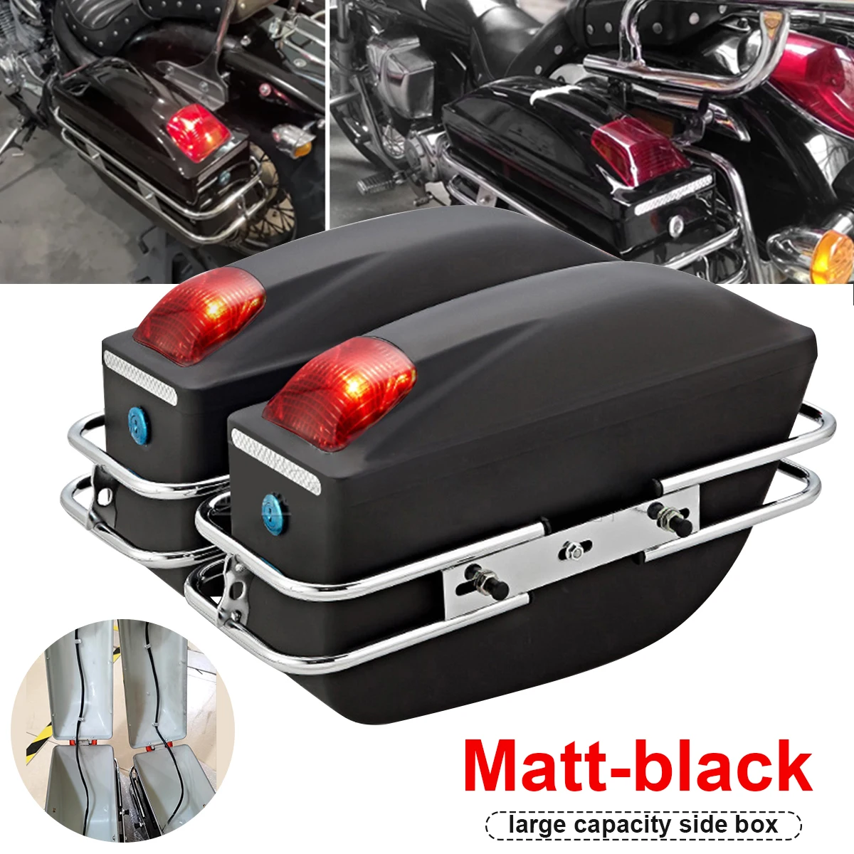 

A Pair of Matte Black Motorcycle Charter Trunk, Large Universal Side Box, Side Box, Hanging Box with Lights, Rear Package