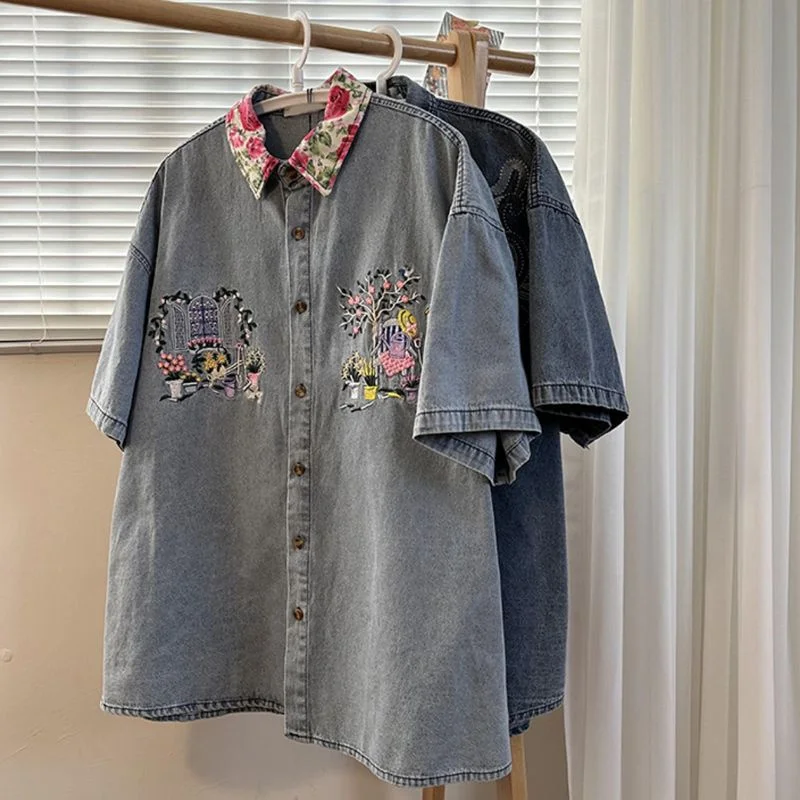 Men's Denim Shirt Summer Retro Casual Embroidered Short-sleeved Single-breasted Turndown Collar Tops Cowboy Shirts for Men