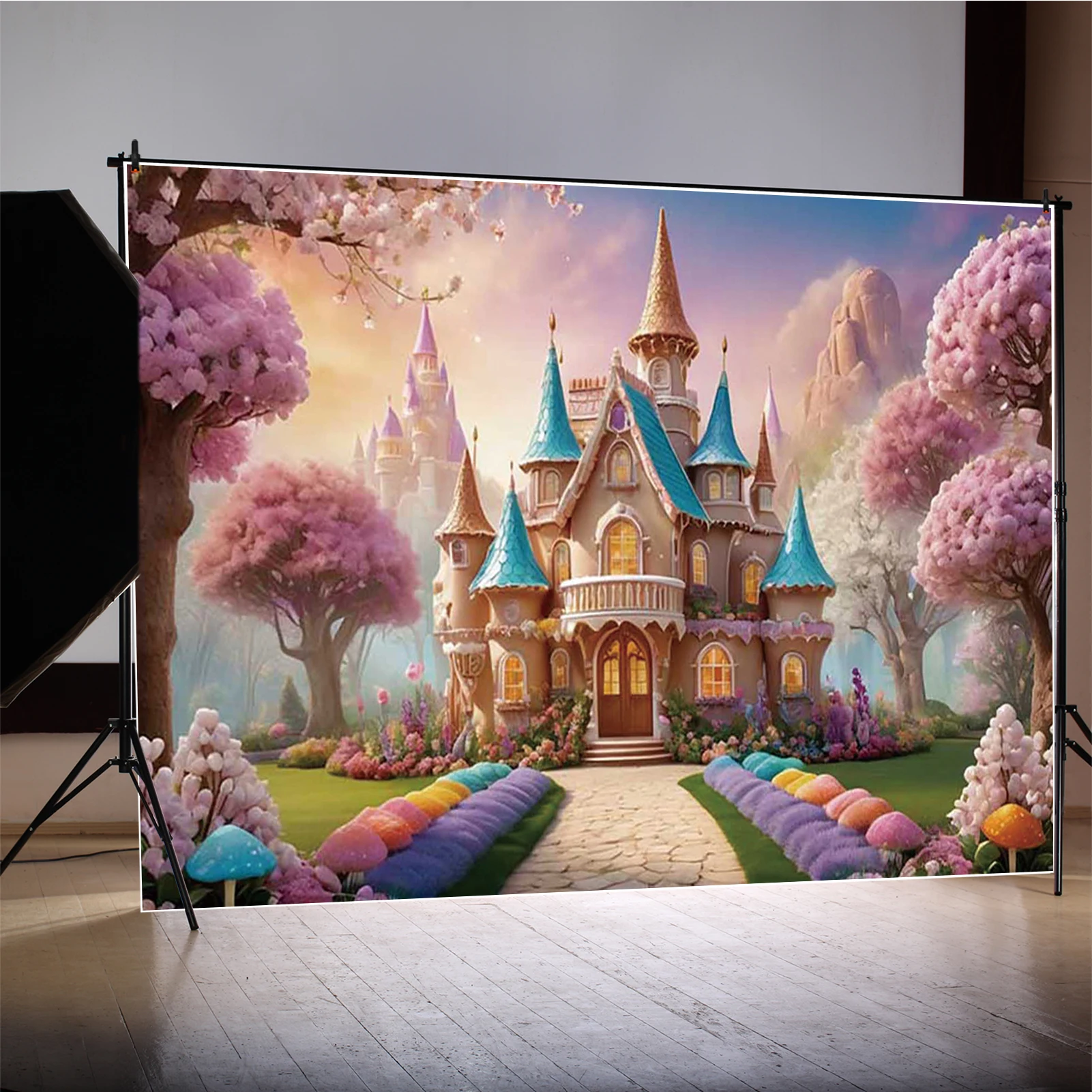 MOON.QG الجنية القلعة خلفية زهر زهرة كعكة سحق طفلة 1St عيد ميلاد التصوير خلفية الأزهار عيد ميلاد خلفية