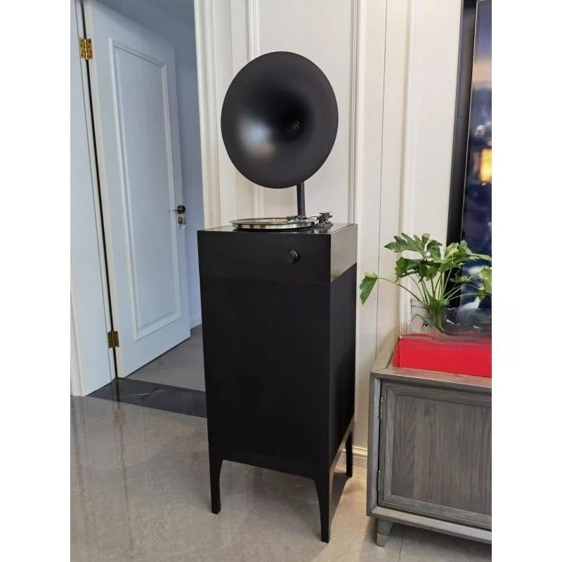 

Vinyl record player, black orange speaker, bluetooth stereo, phonograph, model room ornament.