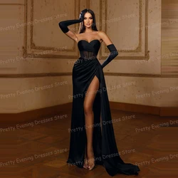 Luxury Black Evening Dresses Woman's Mermaid Sexy High Split Hollow Prom Growns Sweetheart Fashion Vestidos Customized Gloveless