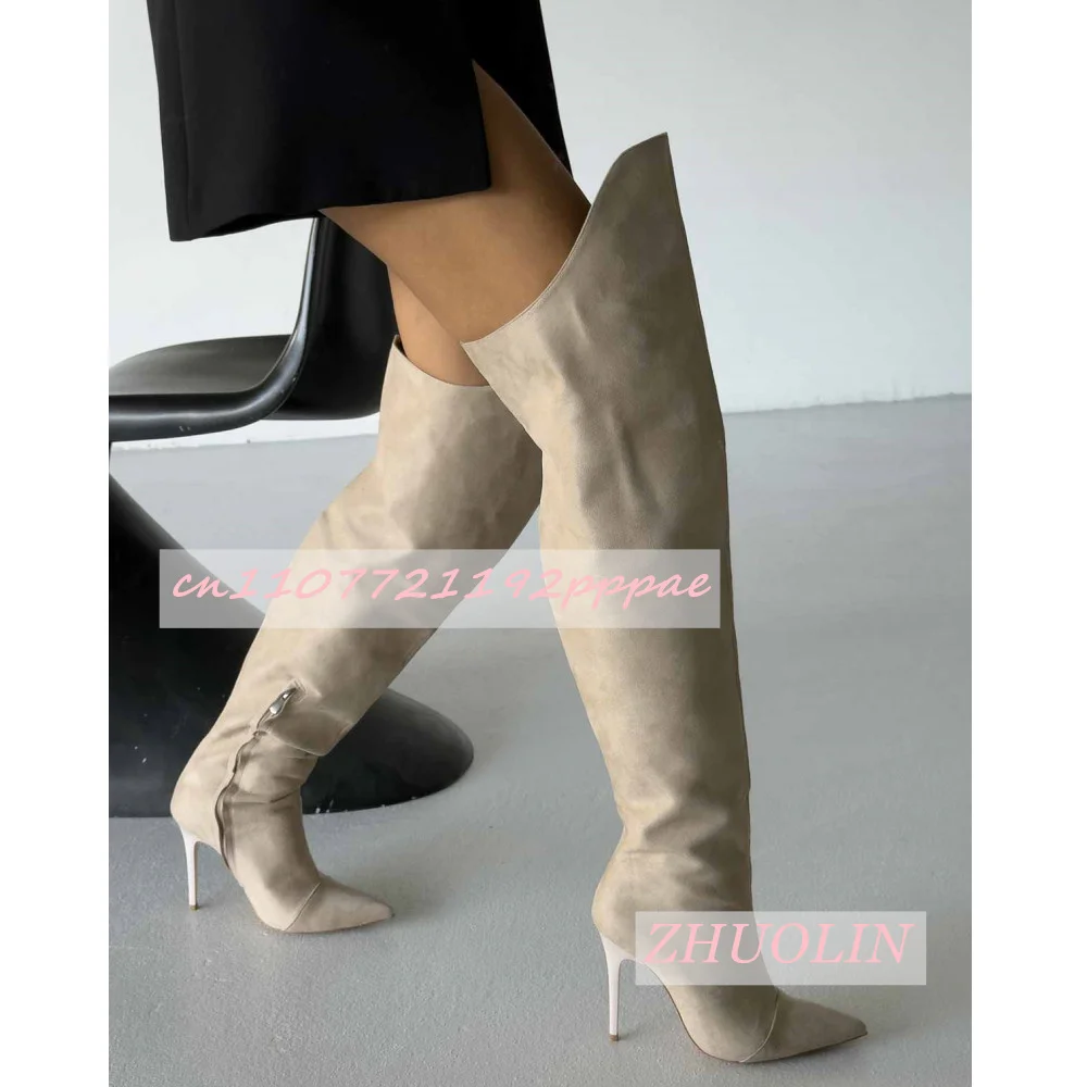 Women'S Retro Stiletto Over-The-Knee Boots Winter Windproof Matte Pointed Toe Girls Boots T-Stage Show Big Size Long Boots 46
