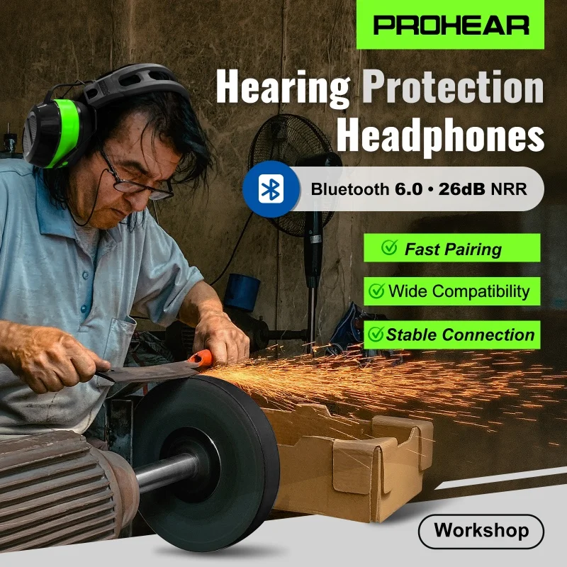 PROHEAR Bluetooth 6.0 Hearing Protection with 26dB NRR OSHA Approved Rechargeable Noise Reduction Earmuffs for Mowing Lawn Gift